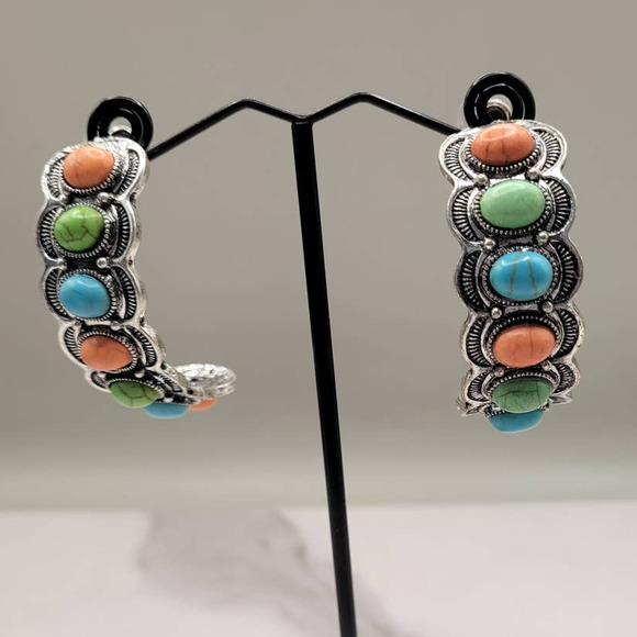 Stone Etched Half Hoop Earrings Western Southwestern Multicolor - Picture 1 of 4